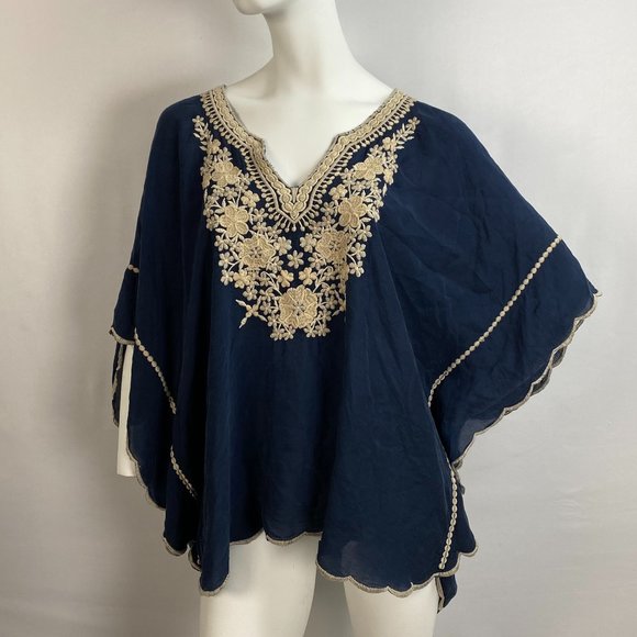 Johnny Was Tops - Johnny Was M Floral Embroidered Navy Blue Georgette Fabric Poncho Top Blouse